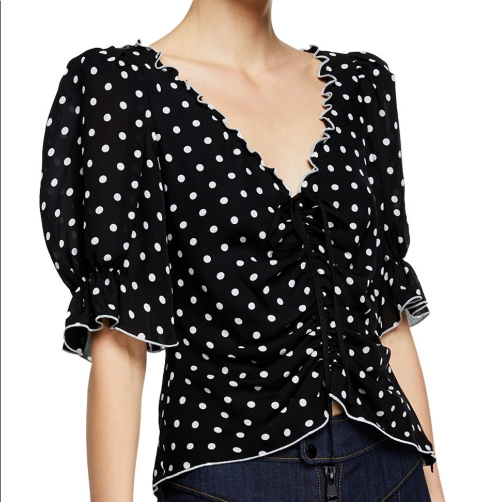 Cinq à Sept Kimberly Polka Dot Silk Top tie front ruched black cream womens SM
